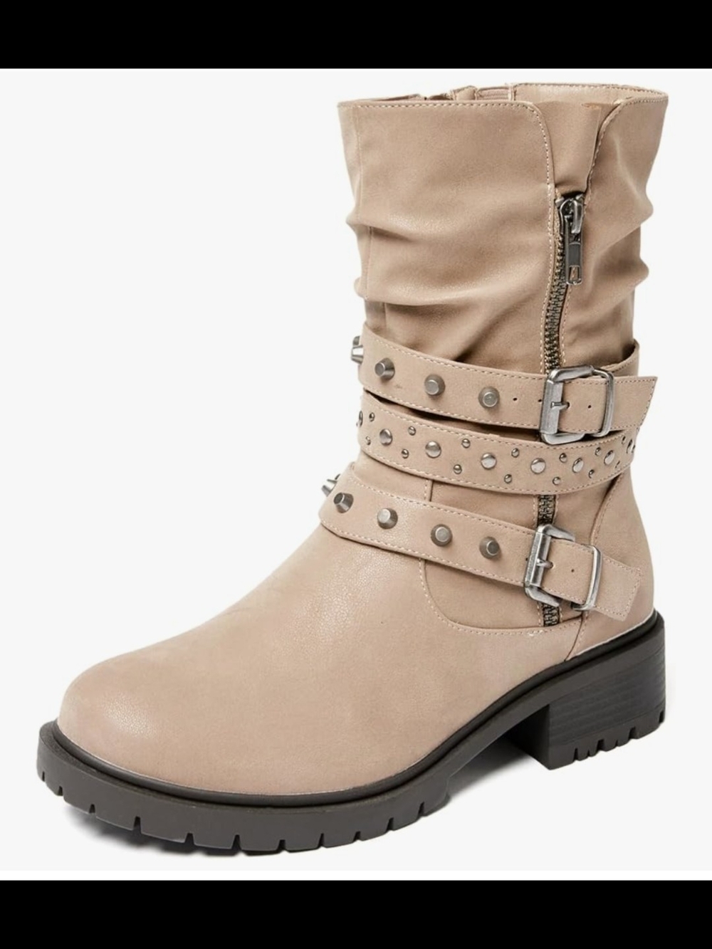 Ruiee Women’s Beige Studded Mid-Calf Buckle Boots Size 10EW